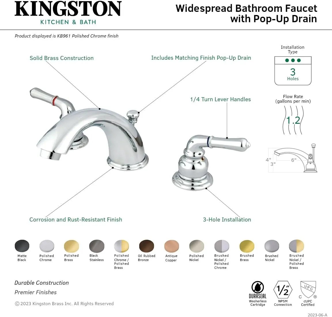 Kingston Brass KB964 Magellan Widespread Bathroom Faucet, 8-Inch Adjustable Center, Polished Chrome/Polished Brass