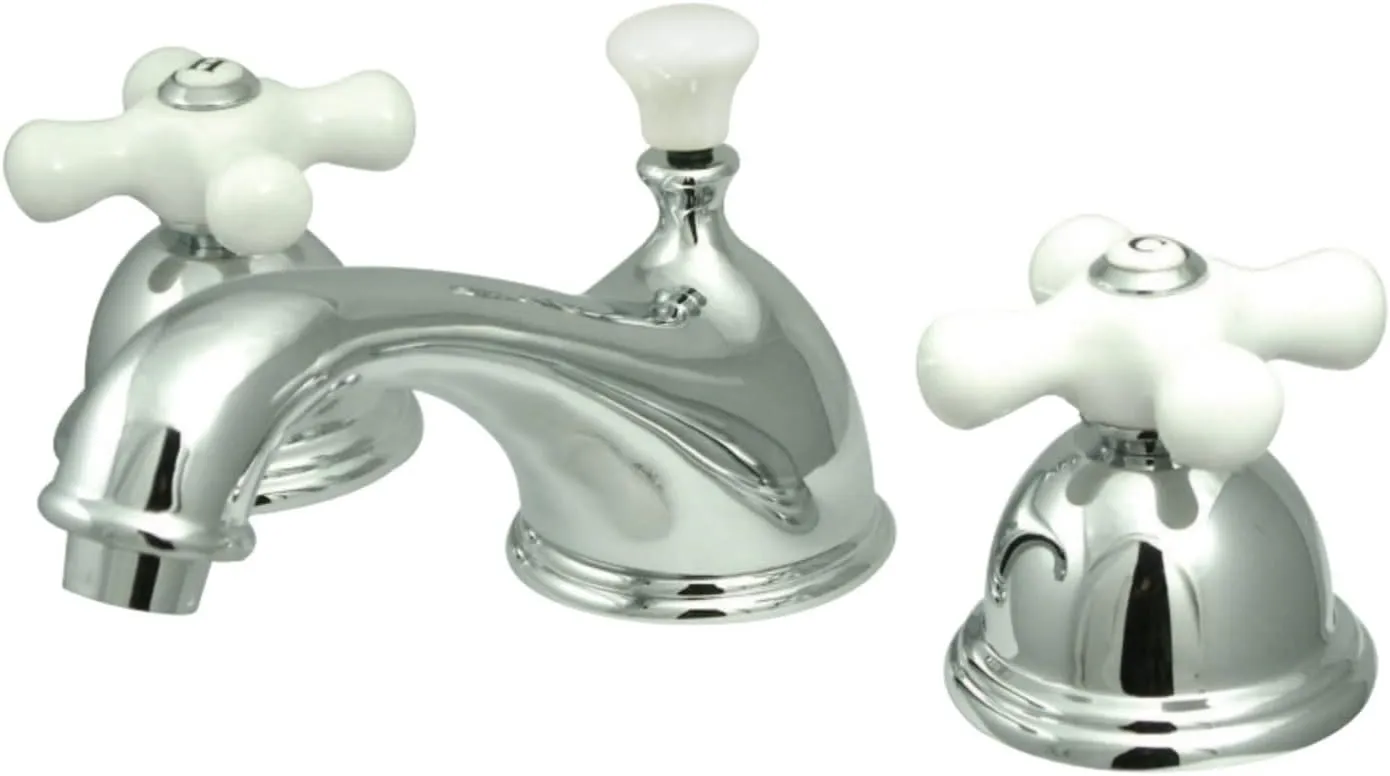 Kingston Brass KS3961PX Restoration Widespread Lavatory Faucet with Porcelain Cross Handle, Polished Chrome,8-Inch Adjustable Center