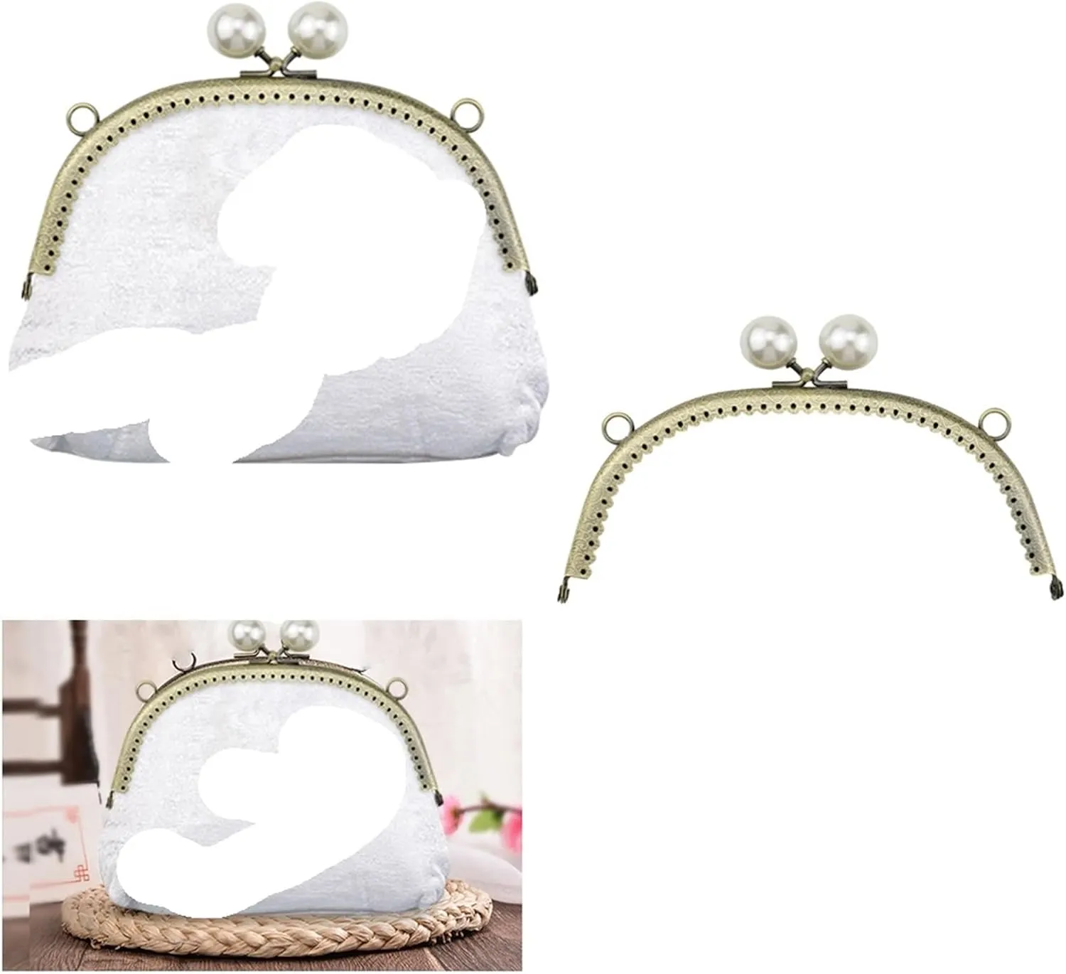 Kiss Clasp Lock 2 Pcs Metal Clutch Kiss Clasp Lock Arc Shape with Pearl Coin Bag Handle Lightweight, Easy Installation Sewing Craft Handbag Accessories for Fixing(8.5cm)