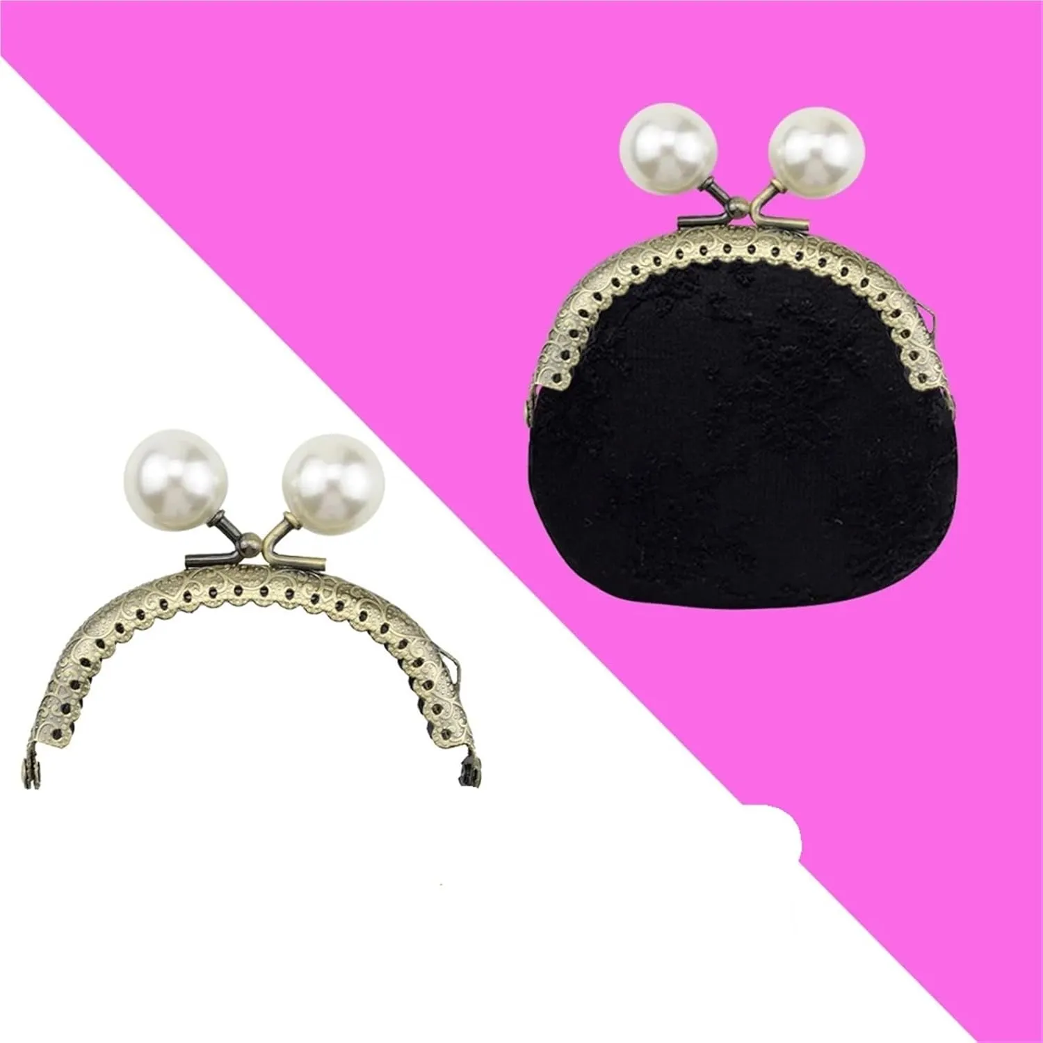 Kiss Clasp Lock 2 Pcs Metal Clutch Kiss Clasp Lock Arc Shape with Pearl Coin Bag Handle Lightweight, Easy Installation Sewing Craft Handbag Accessories for Fixing(8.5cm)