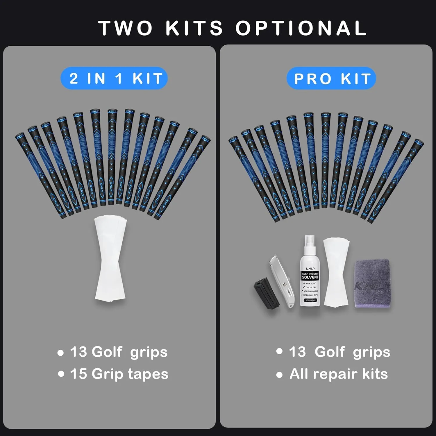 KNLY Golf Grips Set of 13 - High Traction and High Feedback Rubber Golf Club Grips with Anti-Slip and All Weather Performance，13 Grips with 15 Tapes and 13 Grips with All Repair Kits for Choice.