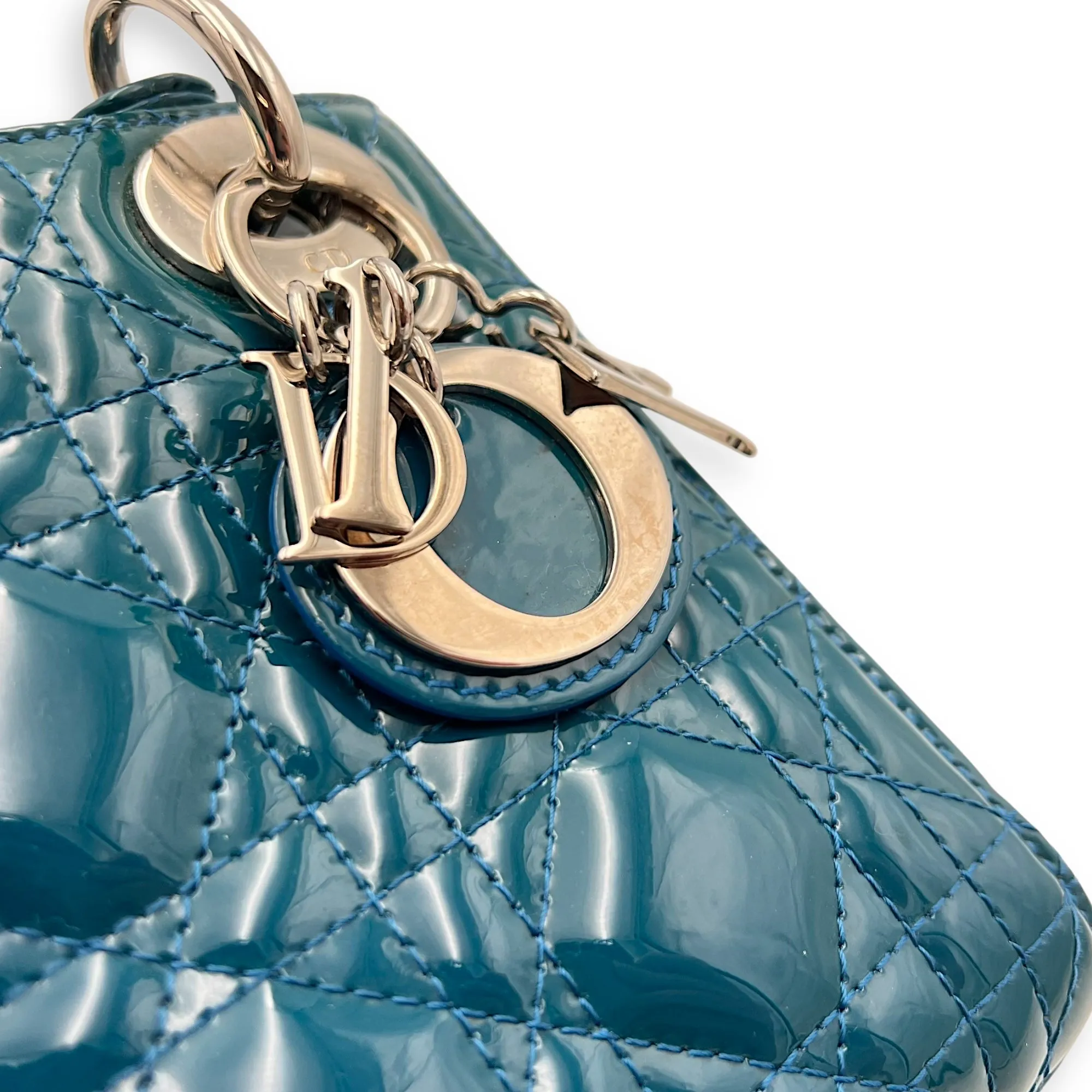 Lady Dior Mini Blue Top Handle Bag in Patent Leather, Silver hardware