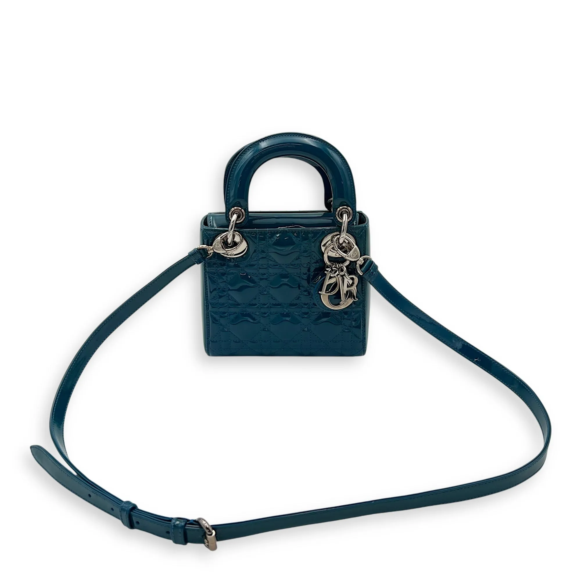 Lady Dior Mini Blue Top Handle Bag in Patent Leather, Silver hardware