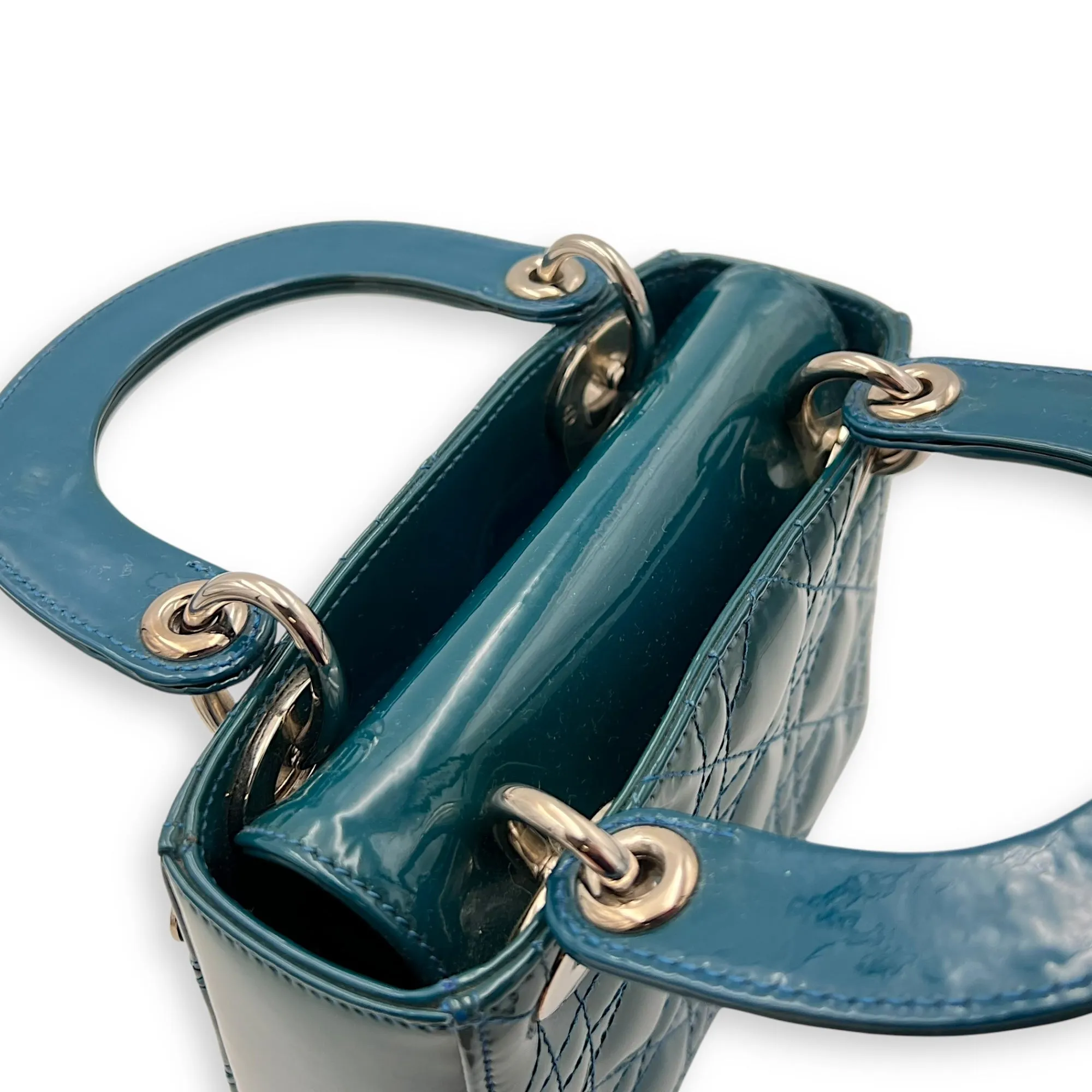 Lady Dior Mini Blue Top Handle Bag in Patent Leather, Silver hardware