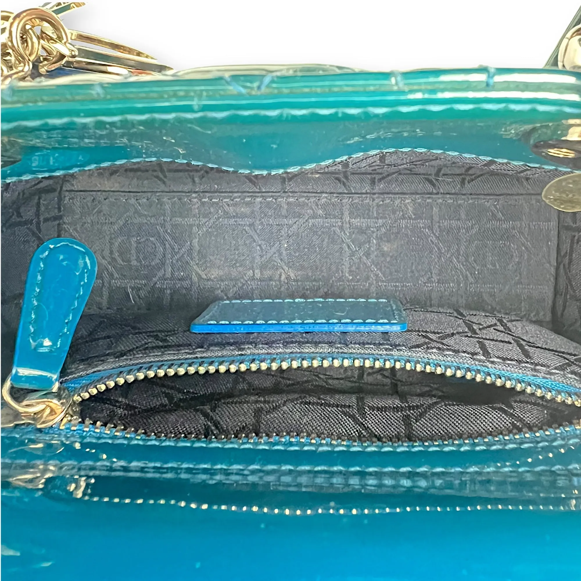 Lady Dior Mini Blue Top Handle Bag in Patent Leather, Silver hardware
