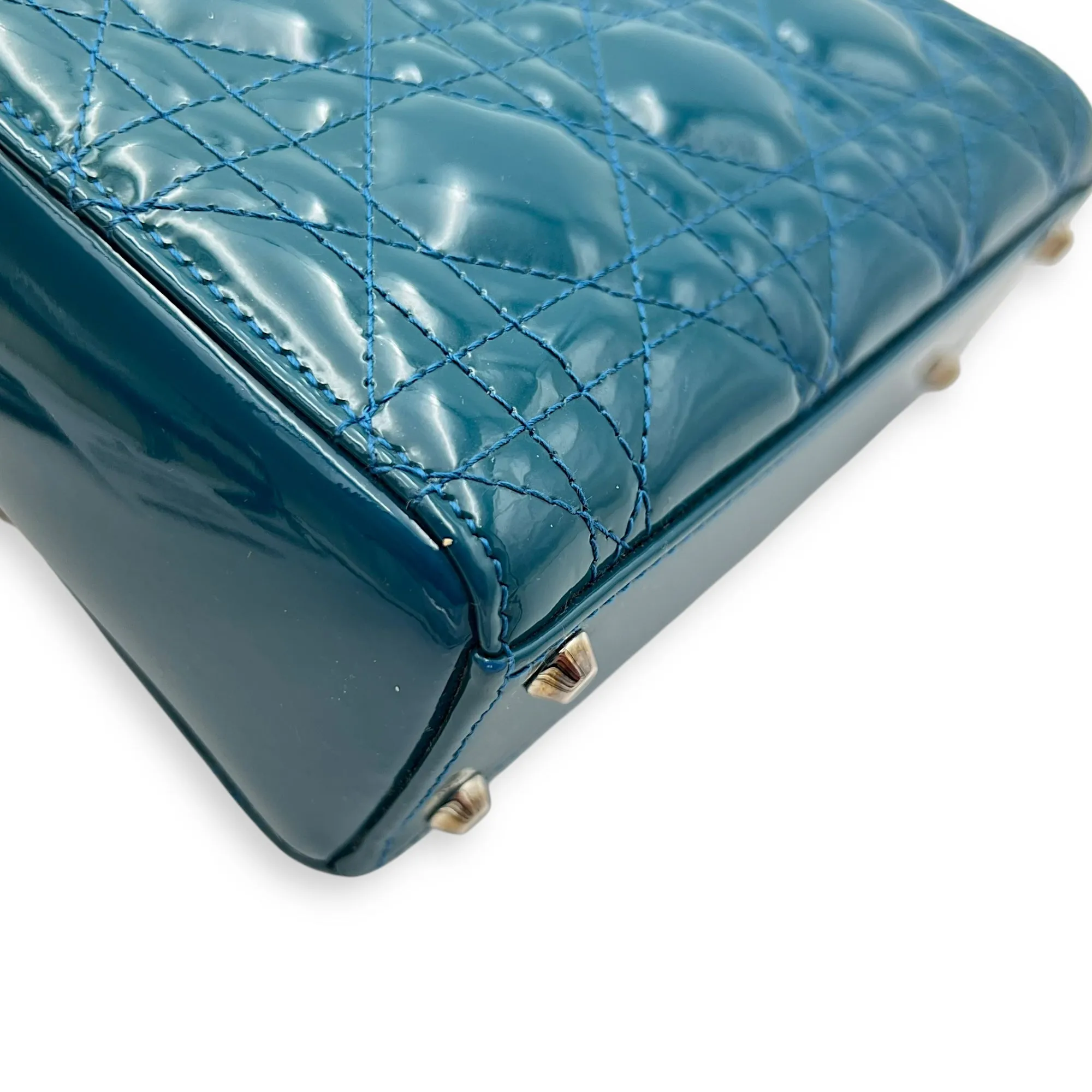 Lady Dior Mini Blue Top Handle Bag in Patent Leather, Silver hardware
