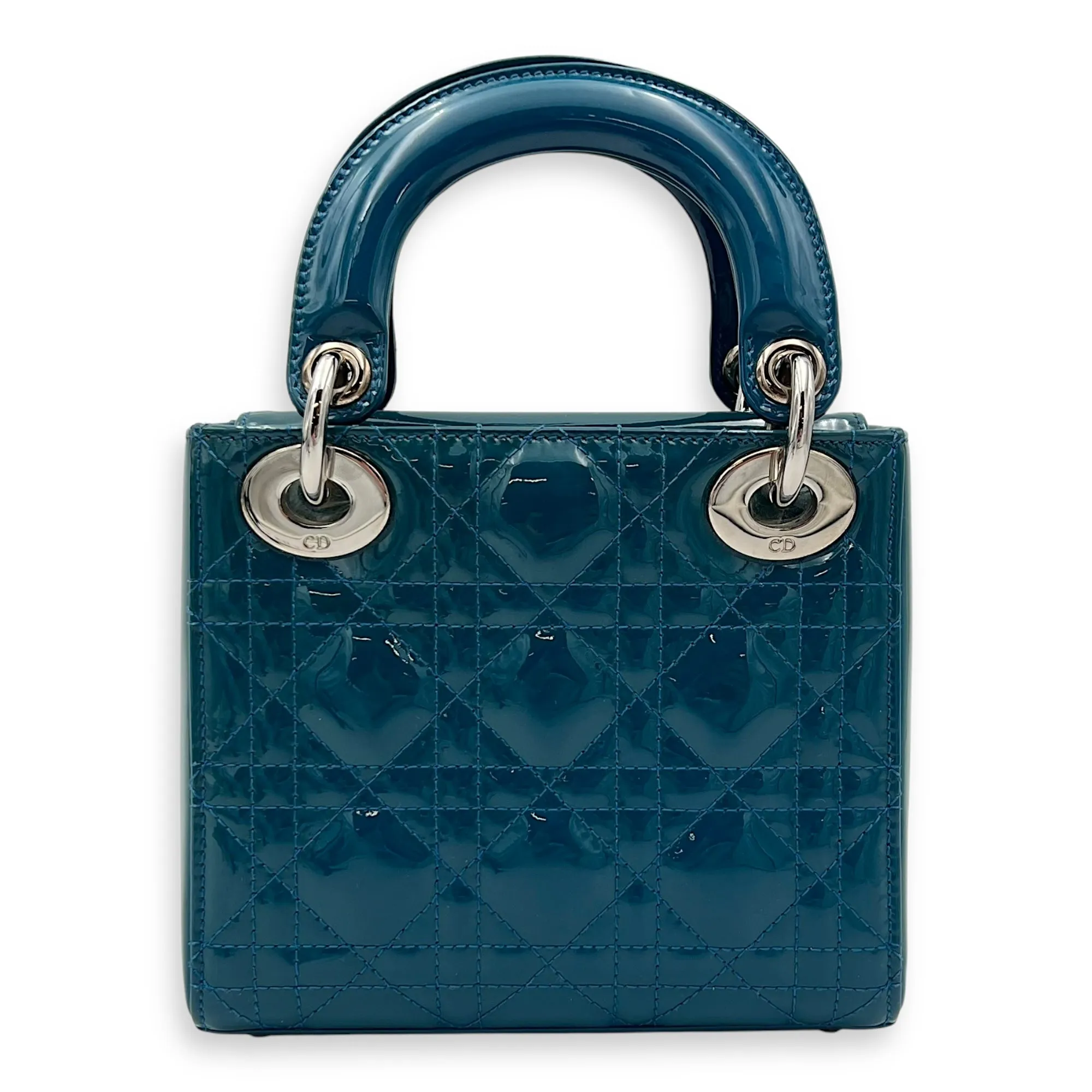 Lady Dior Mini Blue Top Handle Bag in Patent Leather, Silver hardware