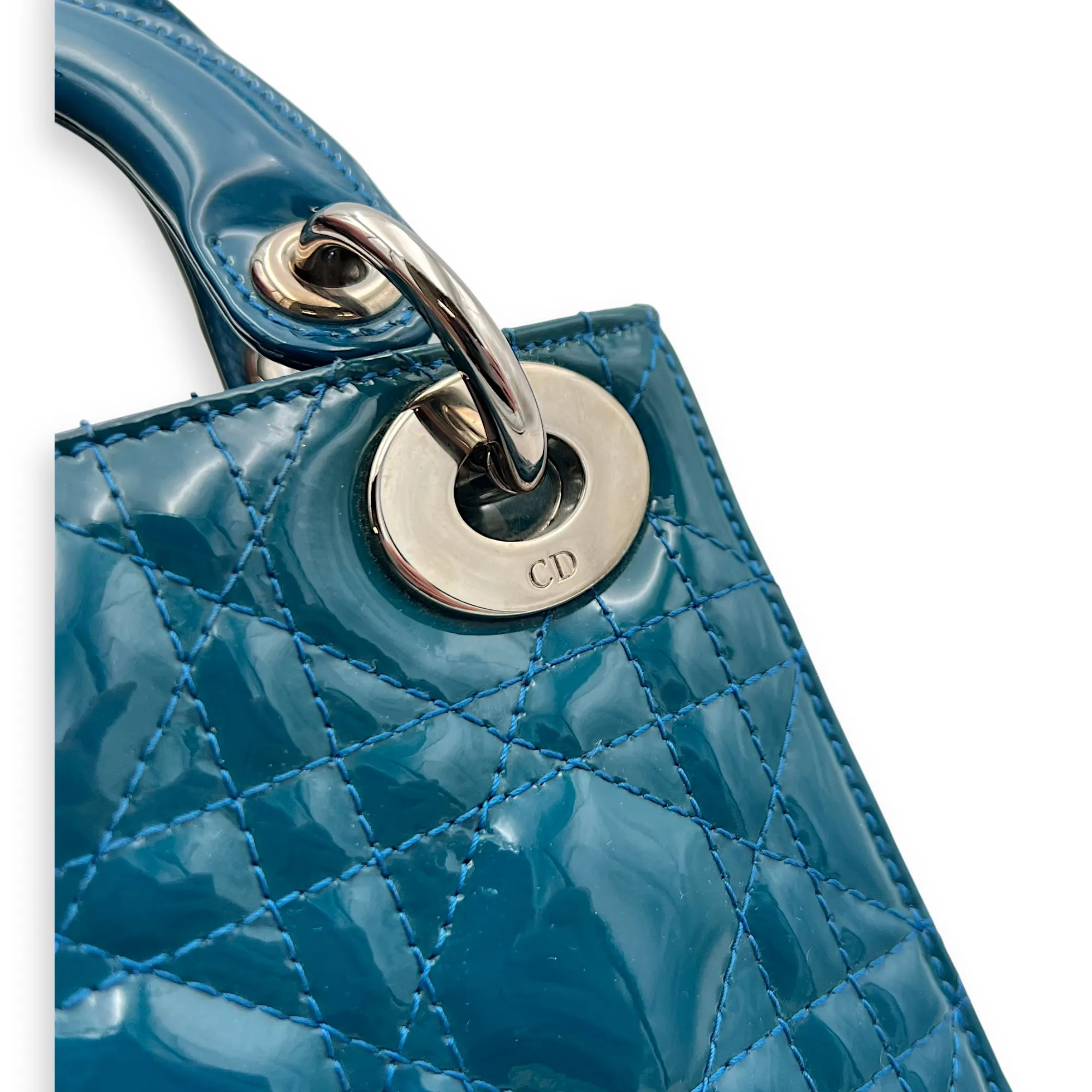 Lady Dior Mini Blue Top Handle Bag in Patent Leather, Silver hardware