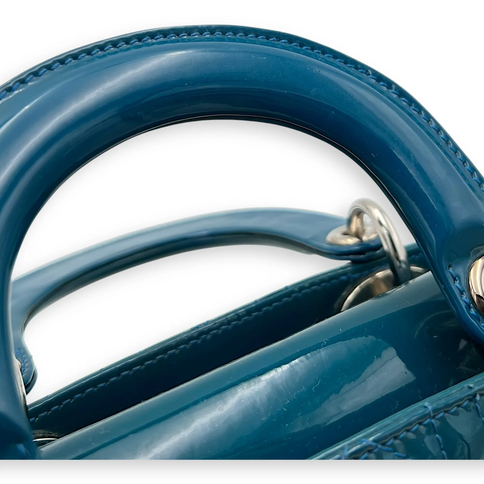 Lady Dior Mini Blue Top Handle Bag in Patent Leather, Silver hardware