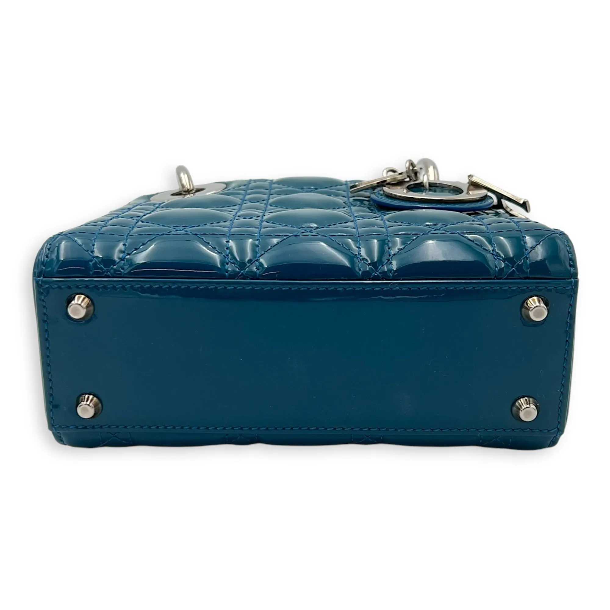 Lady Dior Mini Blue Top Handle Bag in Patent Leather, Silver hardware
