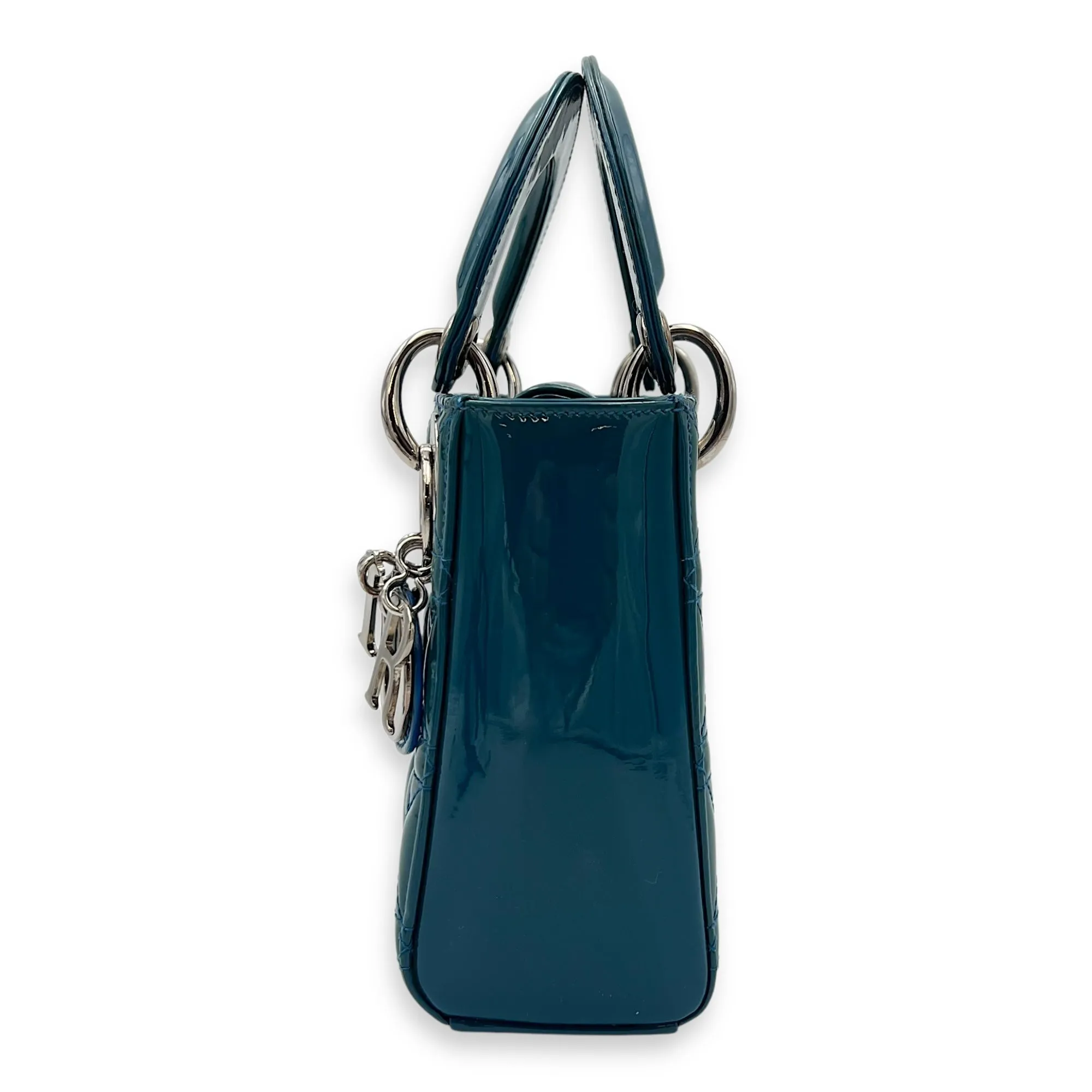 Lady Dior Mini Blue Top Handle Bag in Patent Leather, Silver hardware