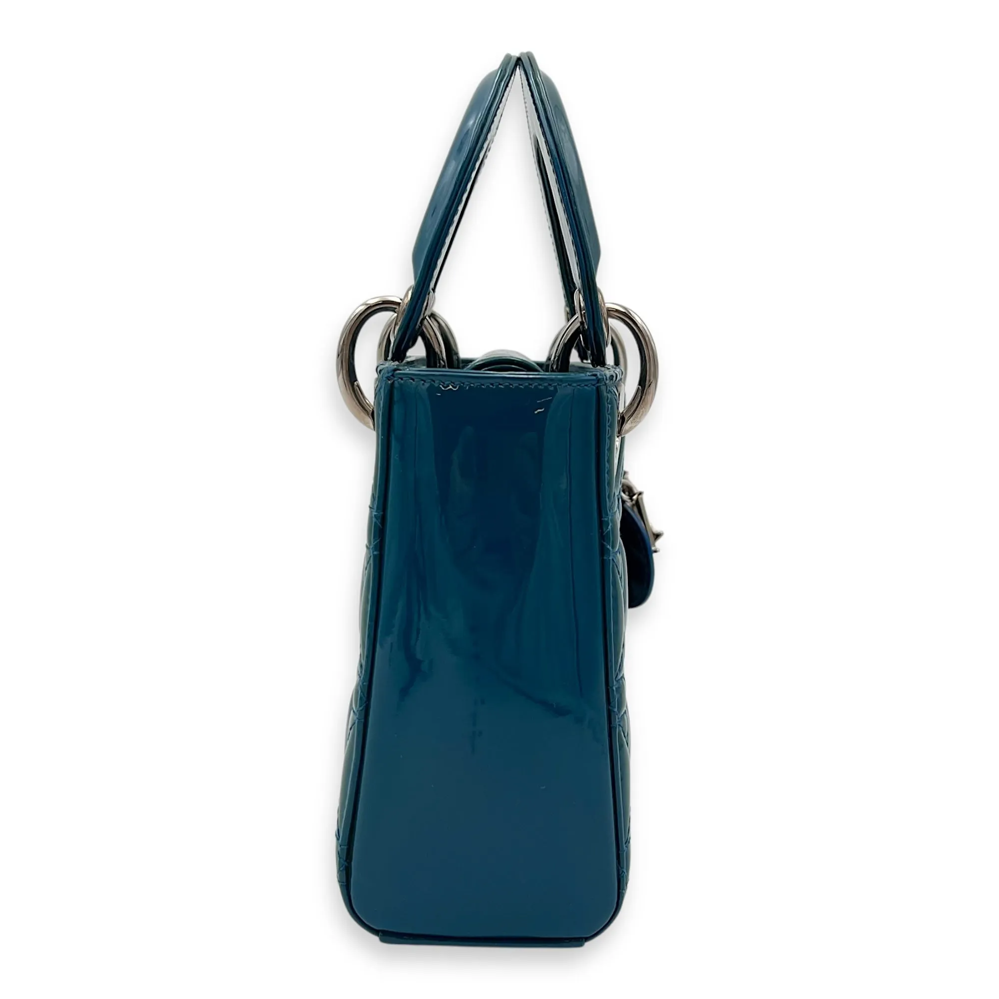 Lady Dior Mini Blue Top Handle Bag in Patent Leather, Silver hardware