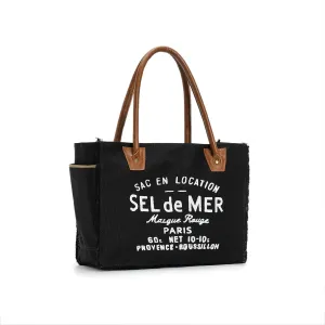 Lamyba Sel De Mer Canvas HandBag Upcycled Canvas Leather Tote Bag,Small Black