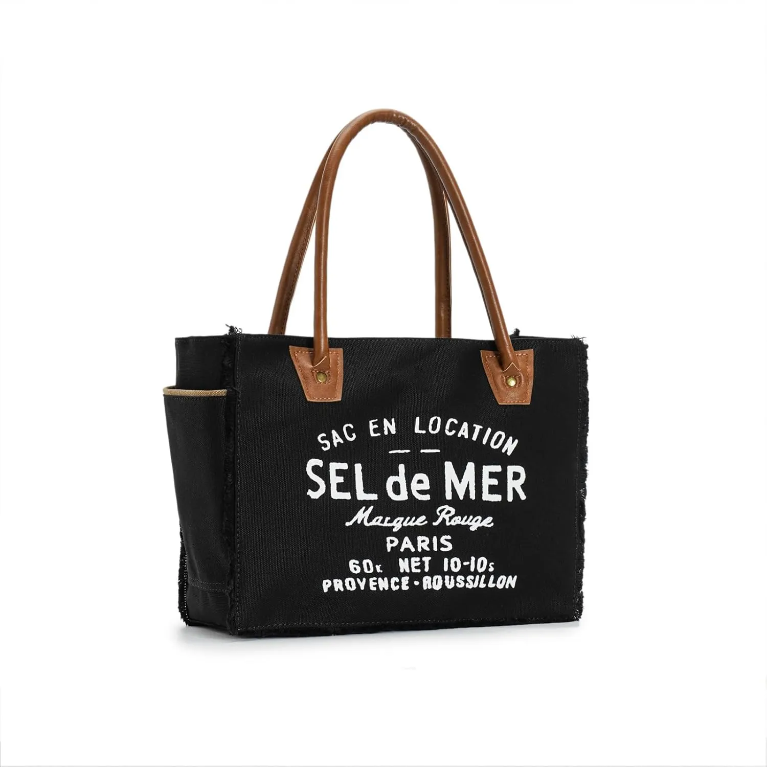 Lamyba Sel De Mer Canvas HandBag Upcycled Canvas Leather Tote Bag,Small Black