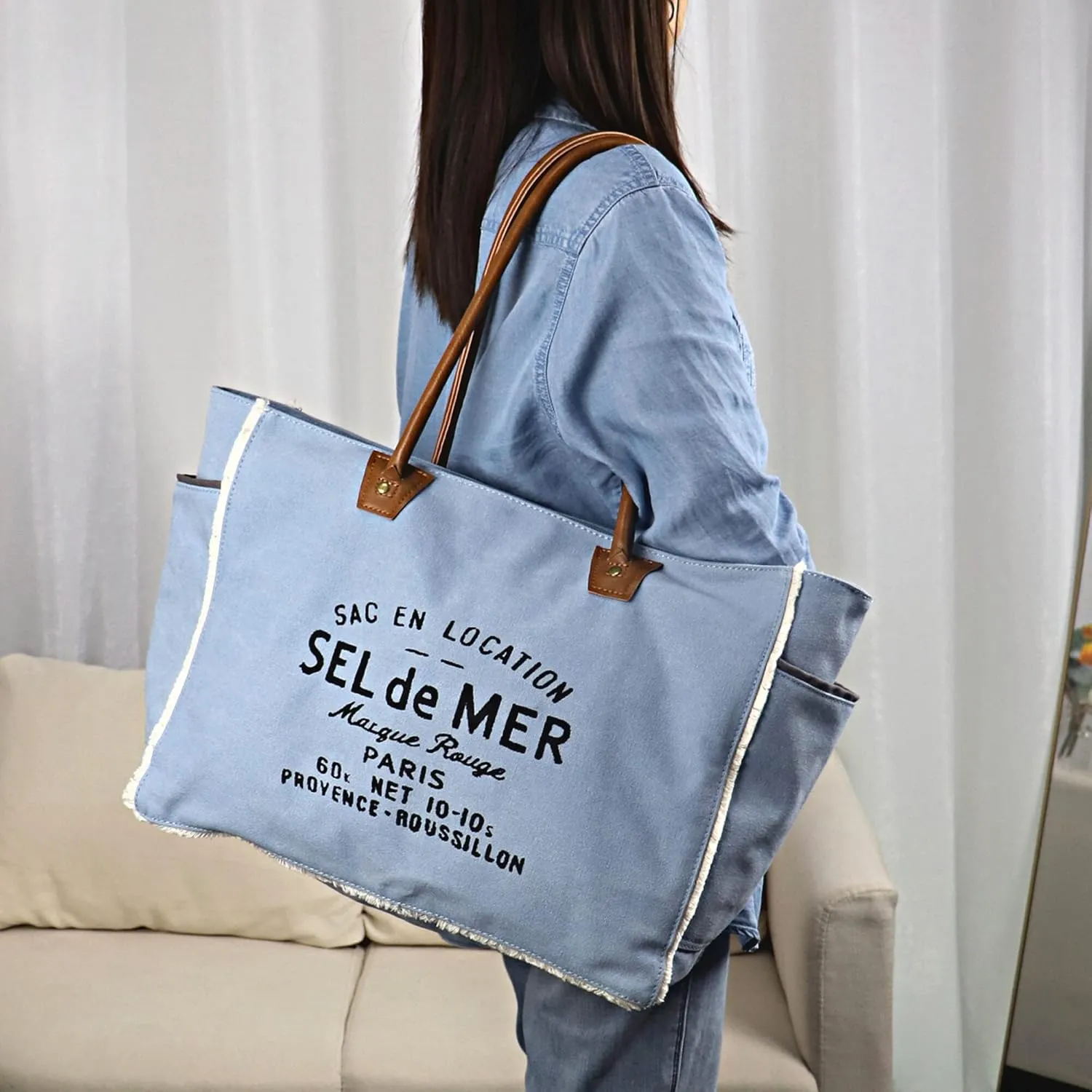 Lamyba Sel De Mer Canvas HandBag Upcycled Canvas Vegan Leather Tote Bag, Large Blue