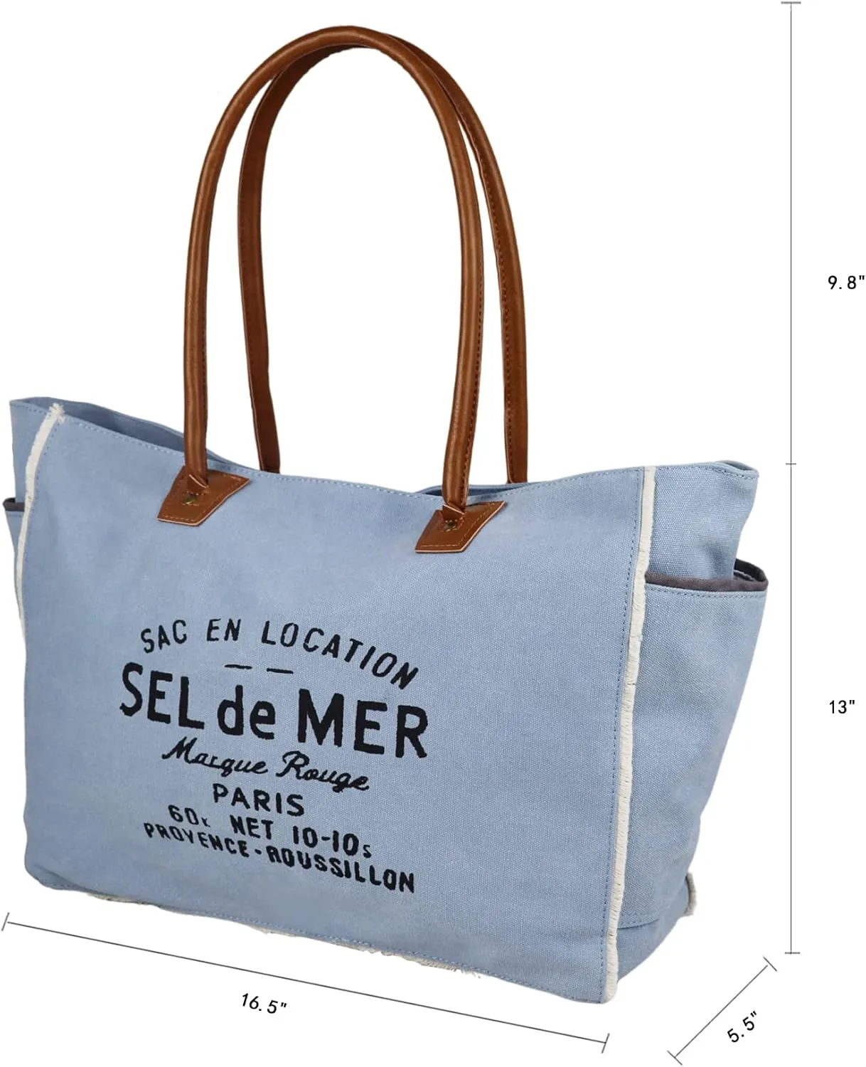 Lamyba Sel De Mer Canvas HandBag Upcycled Canvas Vegan Leather Tote Bag, Large Blue