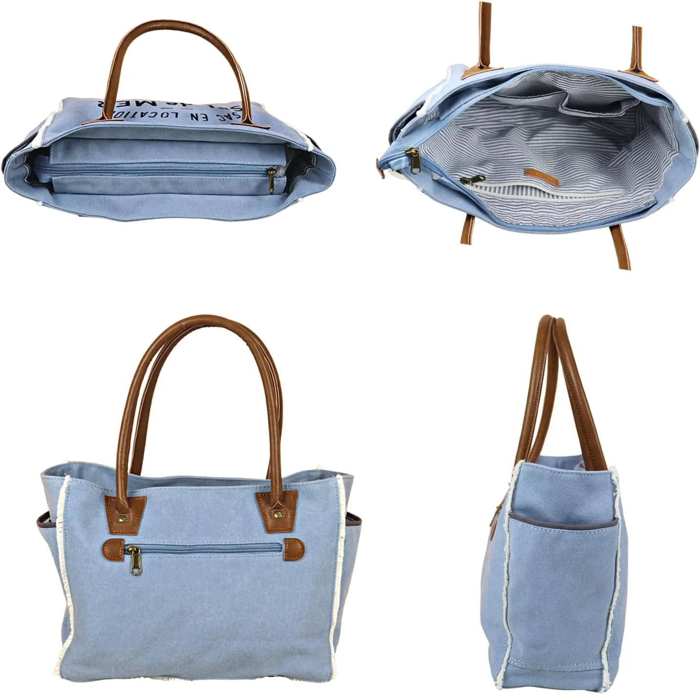 Lamyba Sel De Mer Canvas HandBag Upcycled Canvas Vegan Leather Tote Bag, Large Blue