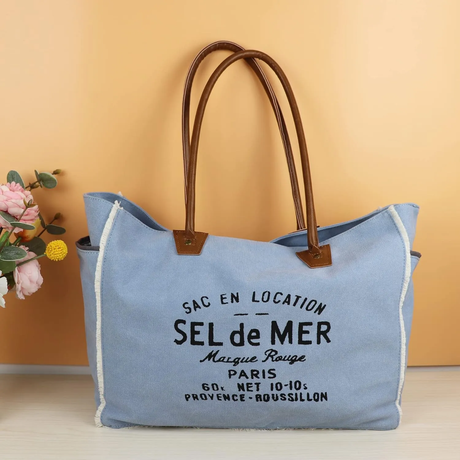 Lamyba Sel De Mer Canvas HandBag Upcycled Canvas Vegan Leather Tote Bag, Large Blue