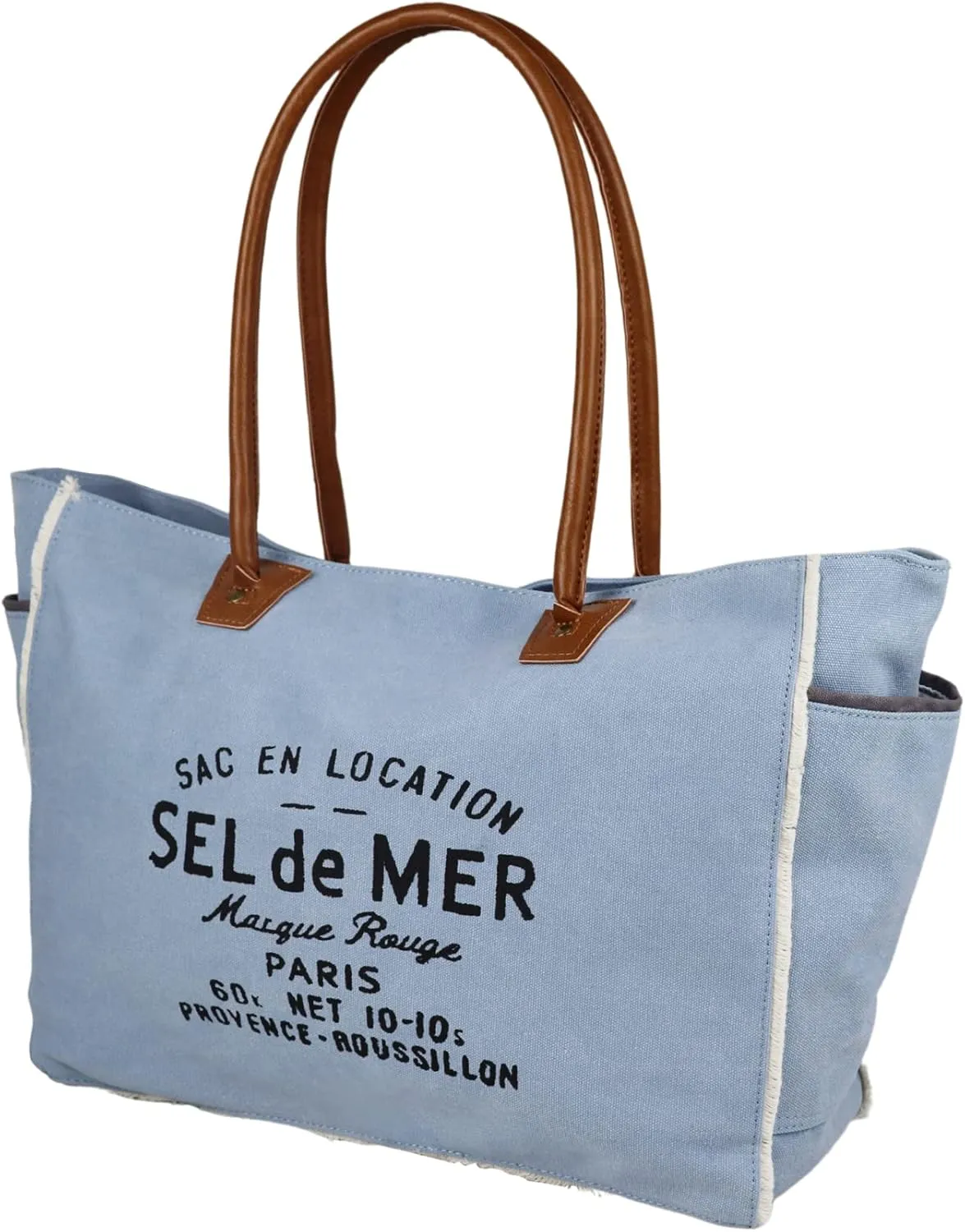 Lamyba Sel De Mer Canvas HandBag Upcycled Canvas Vegan Leather Tote Bag, Large Blue