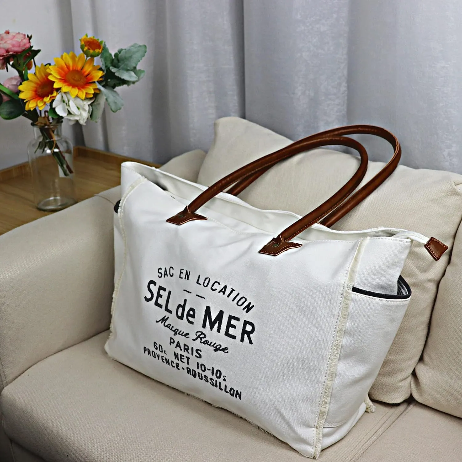 Lamyba Sel De Mer Canvas HandBag Upcycled Canvas Vegan Leather Tote Bag, Large White