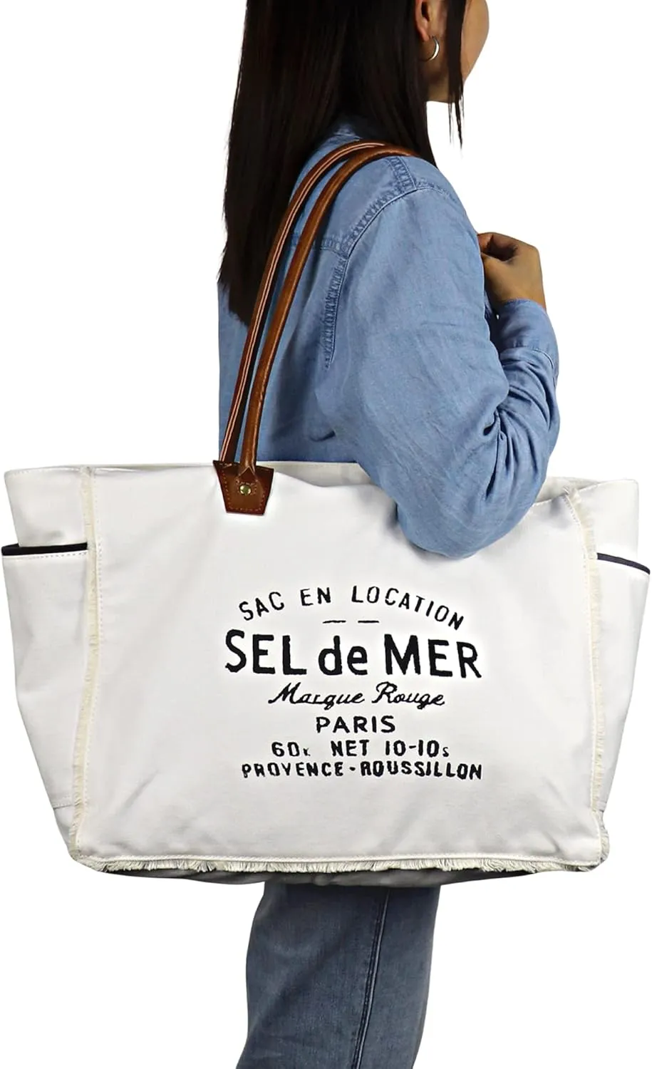 Lamyba Sel De Mer Canvas HandBag Upcycled Canvas Vegan Leather Tote Bag, Large White