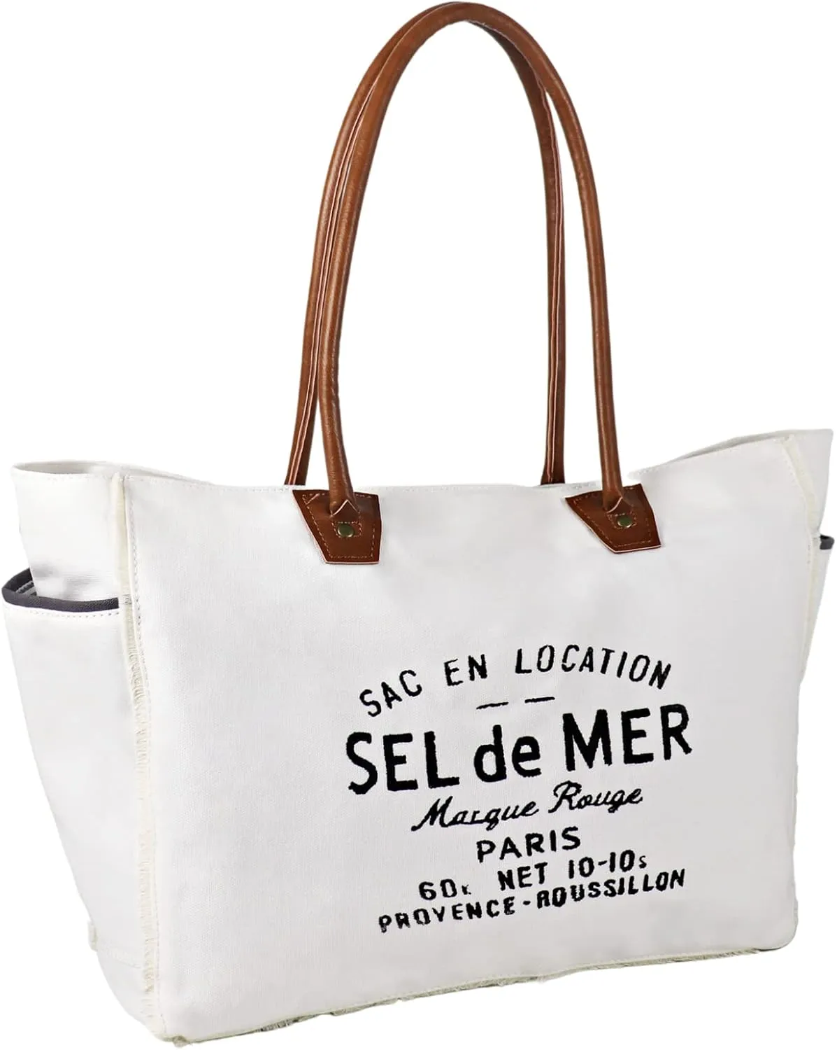 Lamyba Sel De Mer Canvas HandBag Upcycled Canvas Vegan Leather Tote Bag, Large White