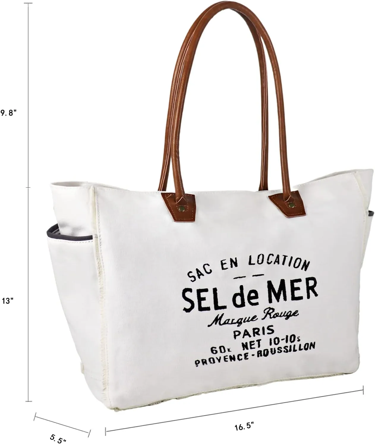 Lamyba Sel De Mer Canvas HandBag Upcycled Canvas Vegan Leather Tote Bag, Large White