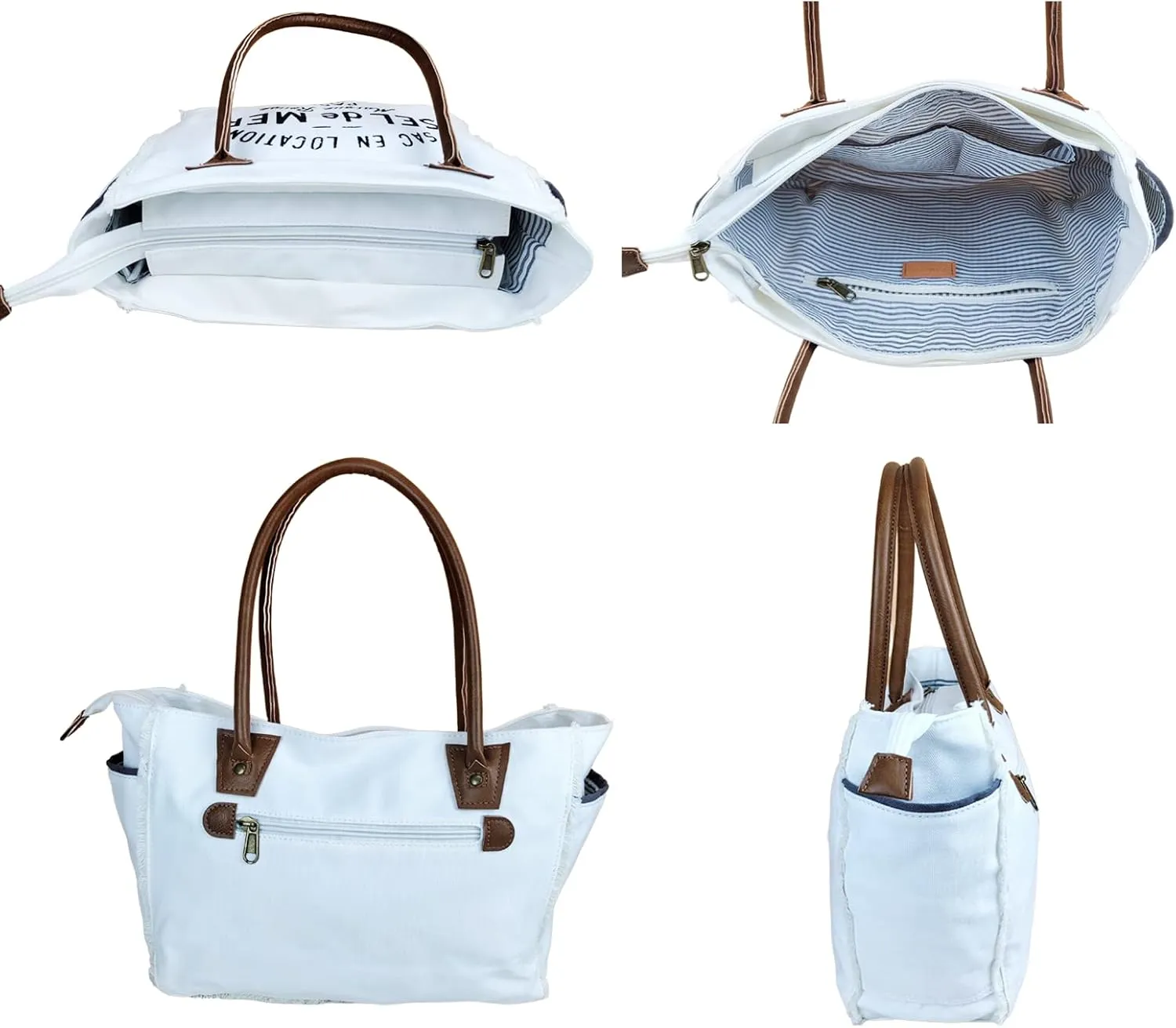 Lamyba Sel De Mer Canvas HandBag Upcycled Canvas Vegan Leather Tote Bag, Large White