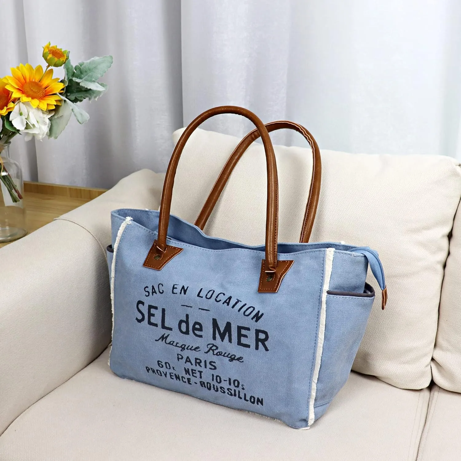 Lamyba Sel De Mer Canvas HandBag Upcycled Canvas Vegan Leather Tote Bag,Small Blue