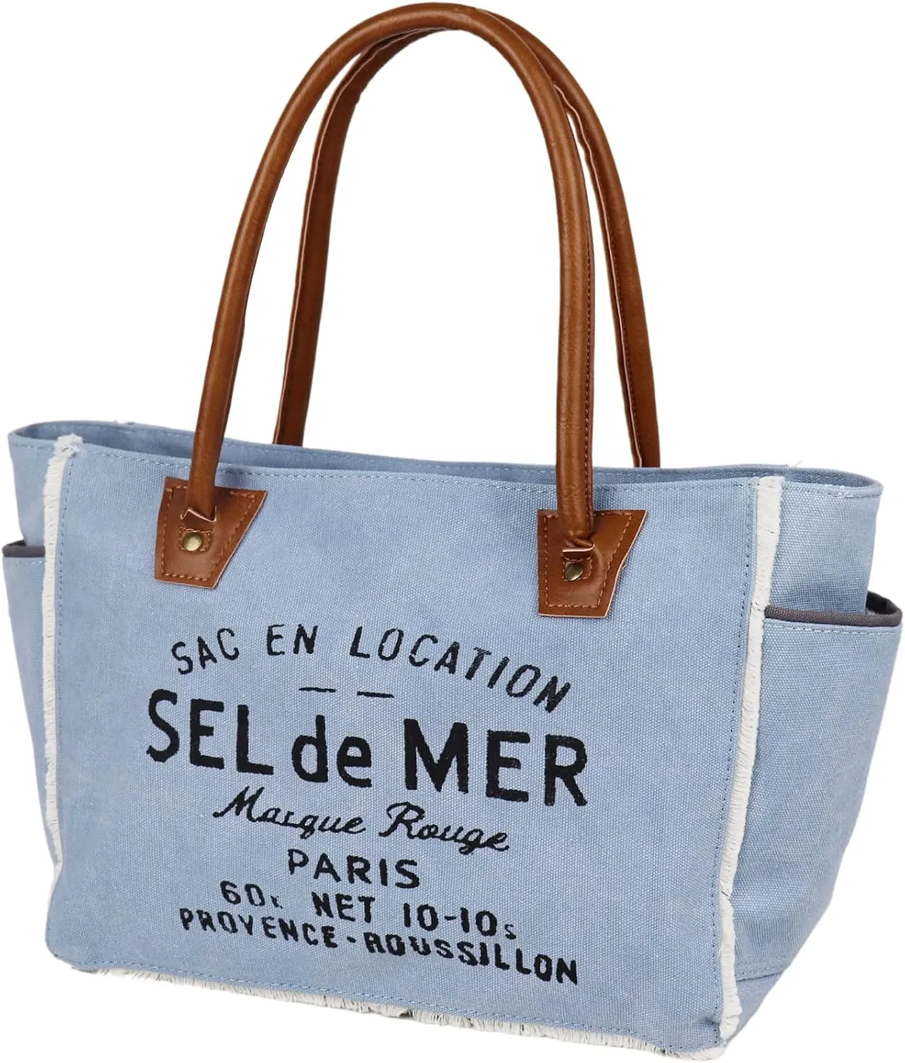 Lamyba Sel De Mer Canvas HandBag Upcycled Canvas Vegan Leather Tote Bag,Small Blue