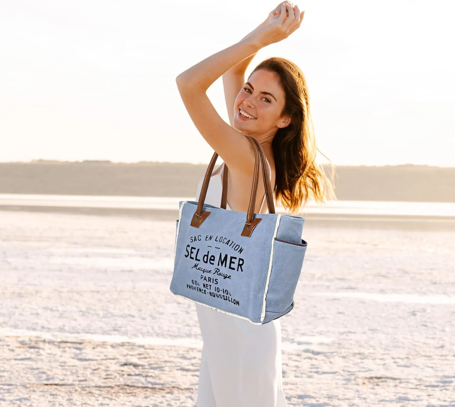 Lamyba Sel De Mer Canvas HandBag Upcycled Canvas Vegan Leather Tote Bag,Small Blue