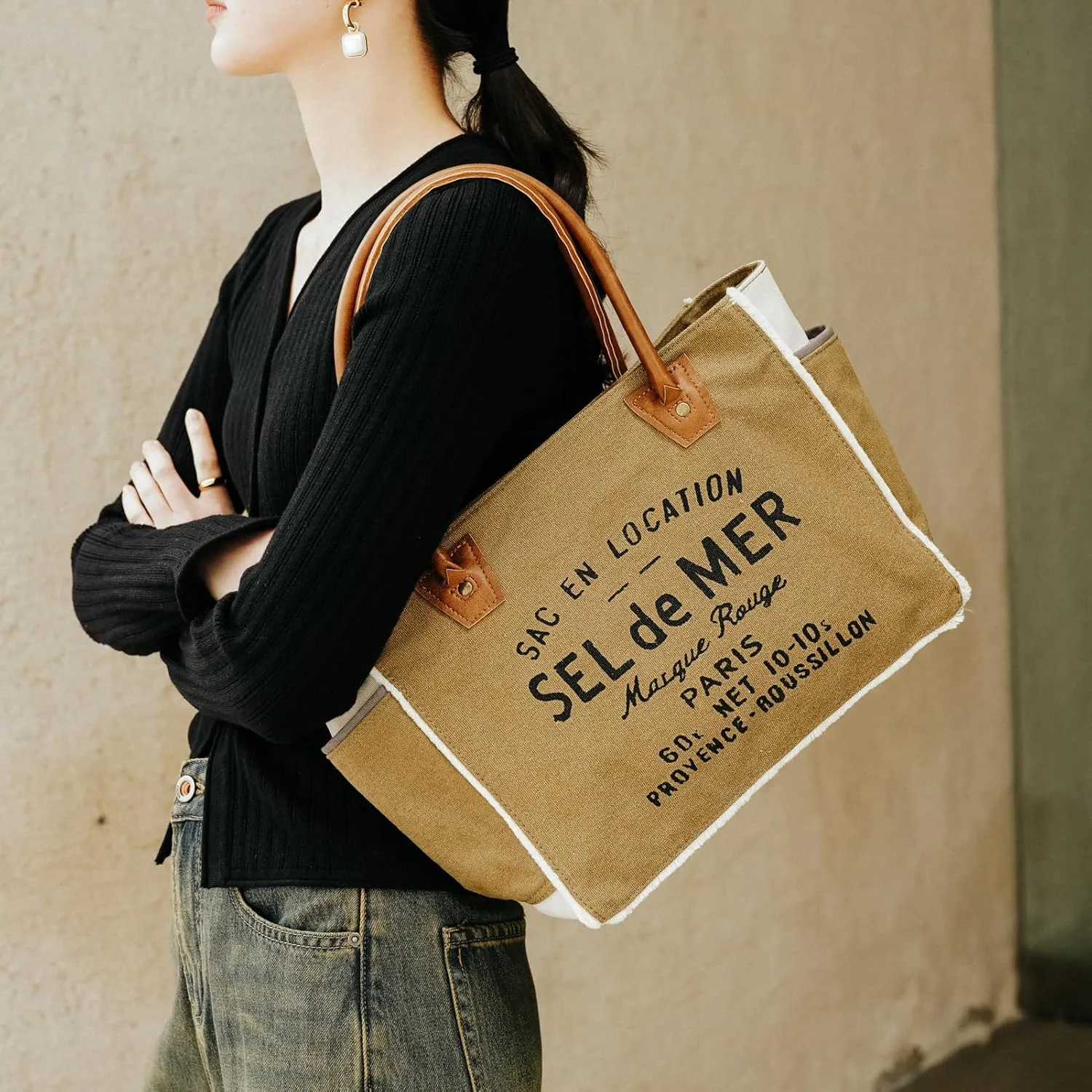 Lamyba Sel De Mer Canvas HandBag Upcycled Canvas Vegan Leather Tote Bag,Small Brown