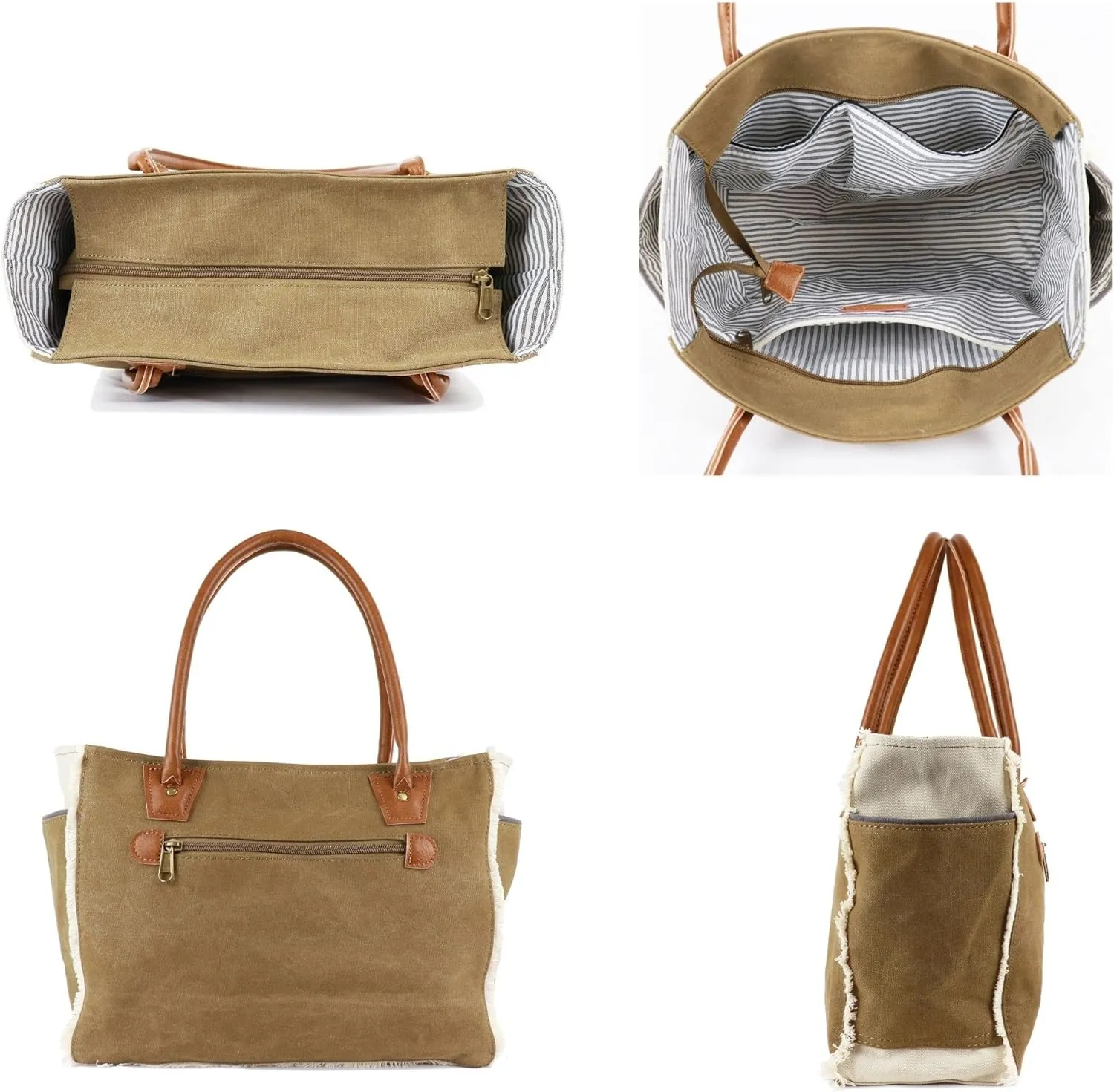Lamyba Sel De Mer Canvas HandBag Upcycled Canvas Vegan Leather Tote Bag,Small Brown