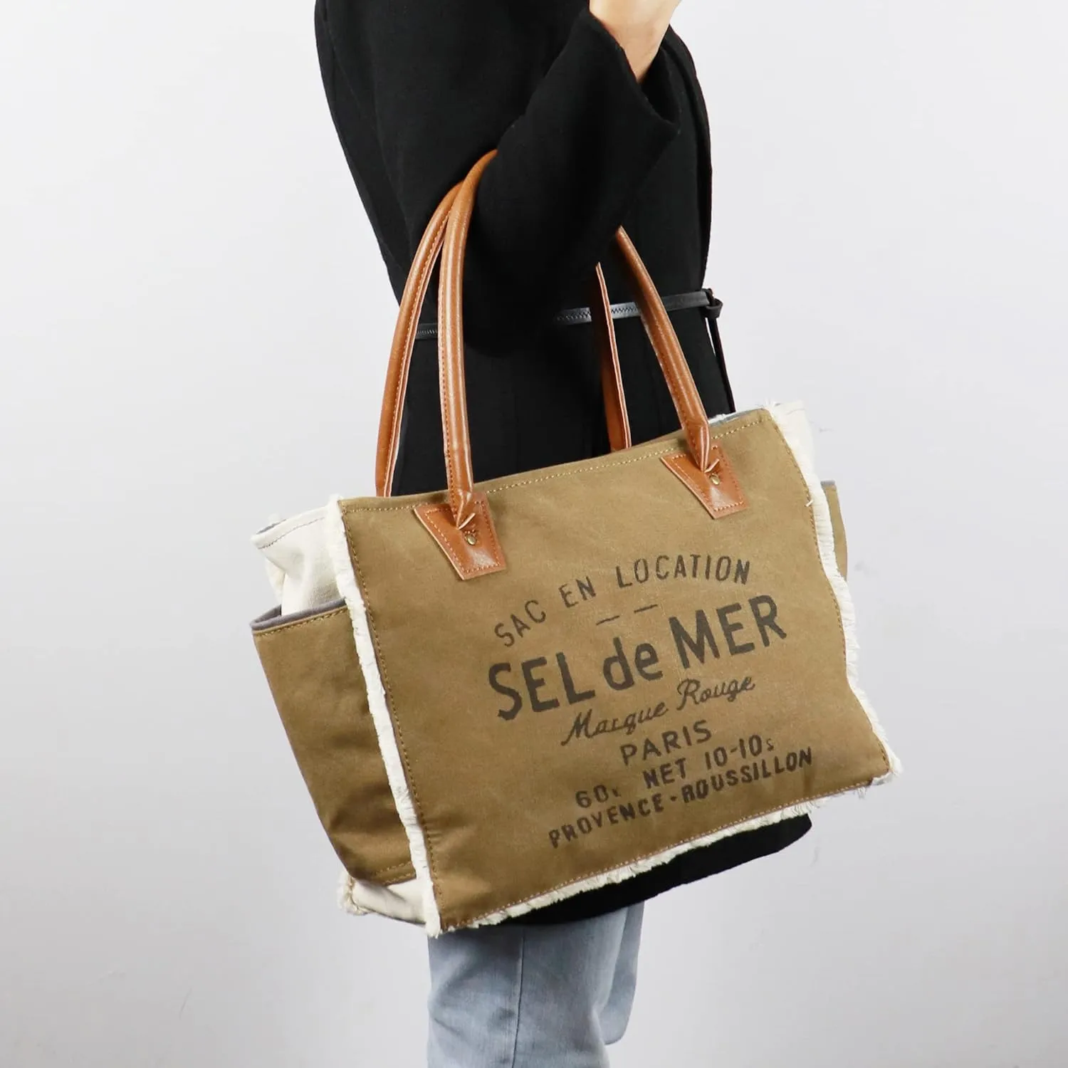 Lamyba Sel De Mer Canvas HandBag Upcycled Canvas Vegan Leather Tote Bag,Small Brown
