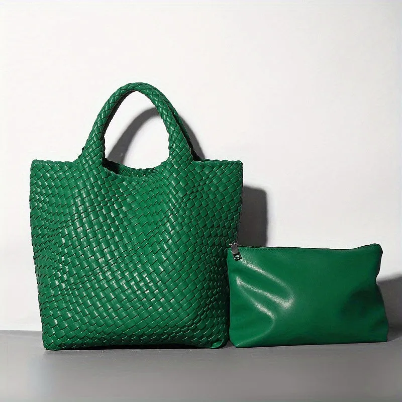 Large Capacity Handbags & Purse, Braided Design Tote Bag & Solid Color Purse, PU Leather Bag Set