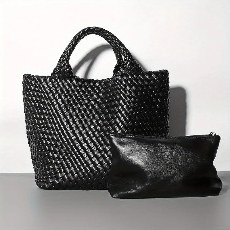 Large Capacity Handbags & Purse, Braided Design Tote Bag & Solid Color Purse, PU Leather Bag Set