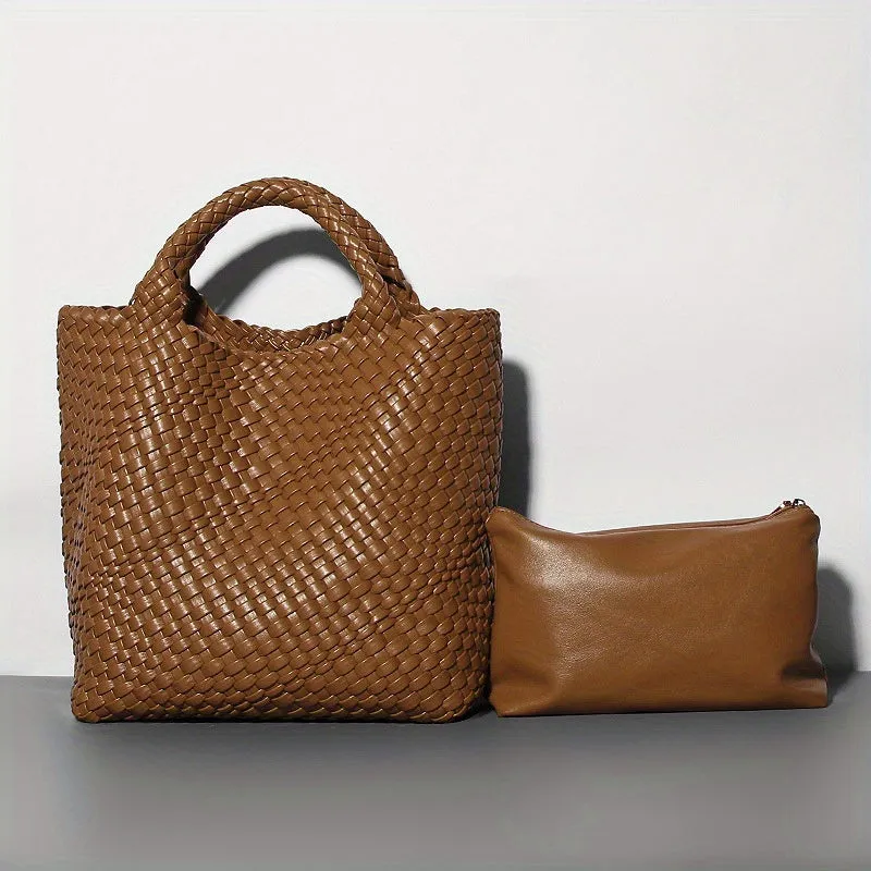 Large Capacity Handbags & Purse, Braided Design Tote Bag & Solid Color Purse, PU Leather Bag Set