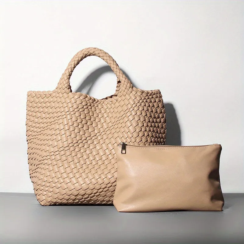 Large Capacity Handbags & Purse, Braided Design Tote Bag & Solid Color Purse, PU Leather Bag Set