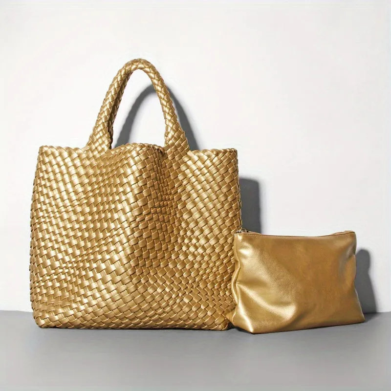 Large Capacity Handbags & Purse, Braided Design Tote Bag & Solid Color Purse, PU Leather Bag Set