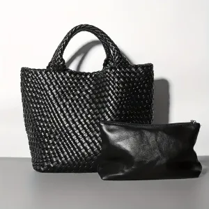 Large Capacity Handbags & Purse, Braided Design Tote Bag & Solid Color Purse, PU Leather Bag Set