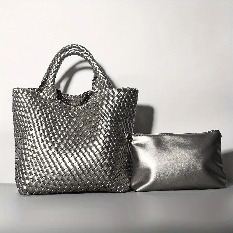 Large Capacity Handbags & Purse, Braided Design Tote Bag & Solid Color Purse, PU Leather Bag Set