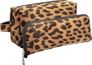 Large Capacity Makeup Bags, 2 Pieces, Leopard Print, Cosmetic Travel Toiletry Organizer Bag, Soft and Warm Material (Brown)