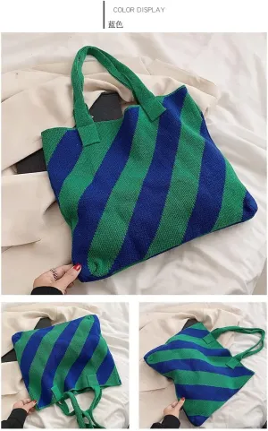 Large Capacity Tote Bag stripe Women Knitting Shoulder Bags Summer Beach Handbag