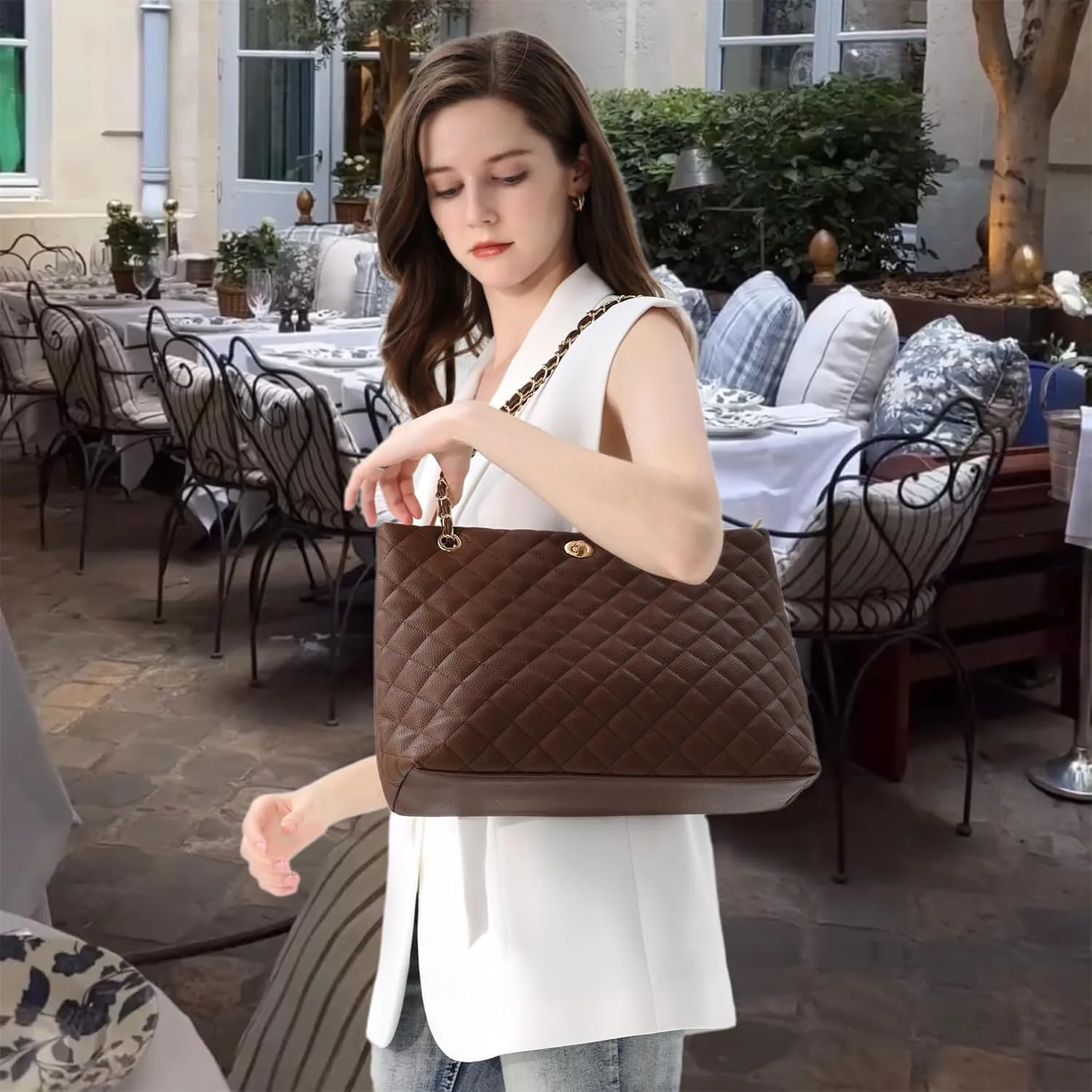 Large Chain Shoulder Bag for Women, Double Strap Handbags Tote Purse