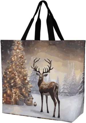 Large Grocery Bags Beach Tote Christmas Tree And Reindeer Shopping Bag for Women Shoulder Bag for Travel Work Handbag