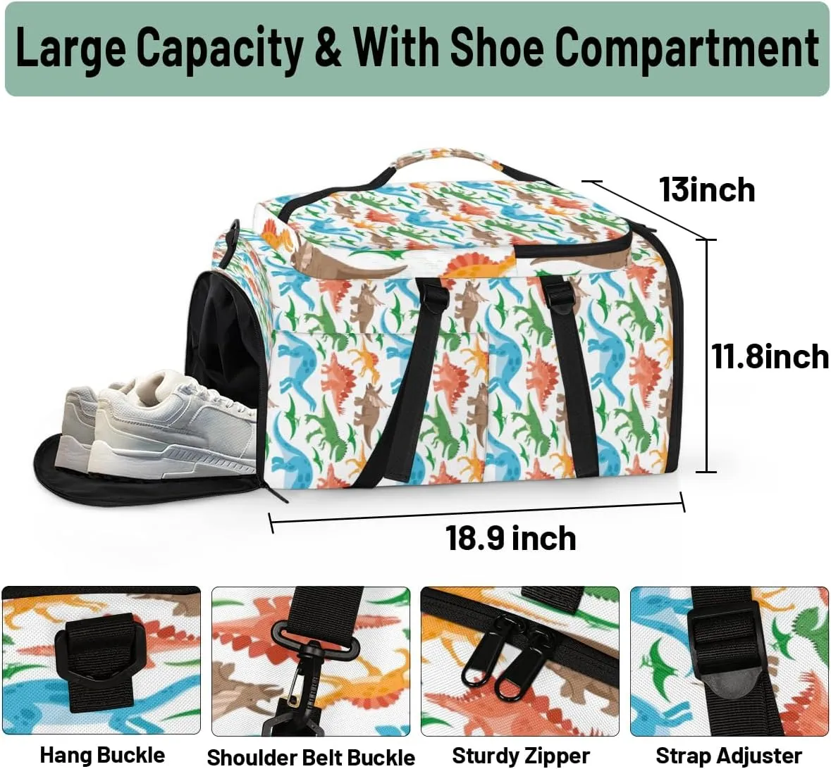 Large Sports Gym Bag With Shoe & Laptop Compartment 47L Waterproof Travel Duffel Bags for Men Women Animal Dinosaur Print Luggage Backpack Duffle Bag
