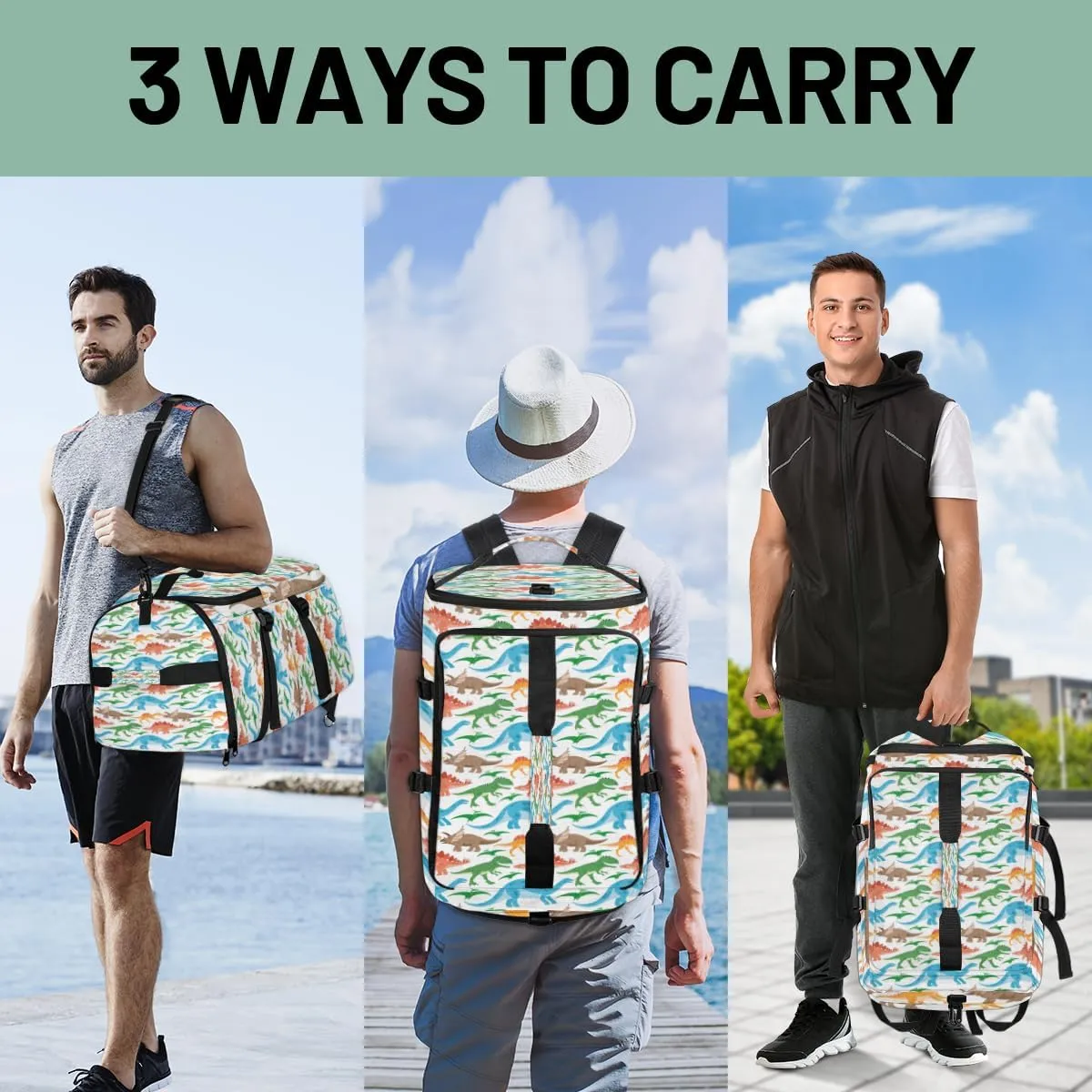 Large Sports Gym Bag With Shoe & Laptop Compartment 47L Waterproof Travel Duffel Bags for Men Women Animal Dinosaur Print Luggage Backpack Duffle Bag