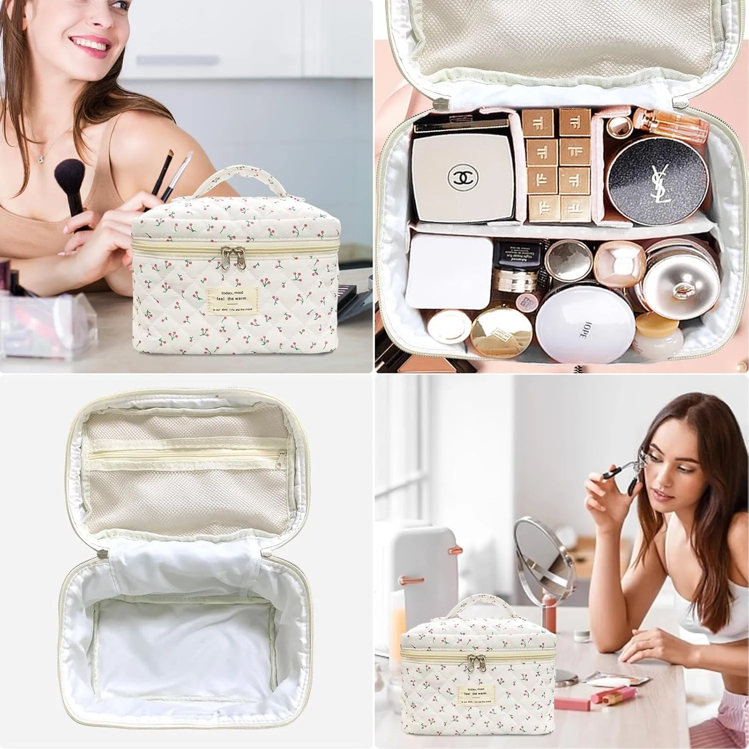 Large Travel Quilted Makeup Bag for Women,Big Floral Cotton Cosmetic Bag, Cute Coquette Aesthetic Floral Toiletry Organizer Bag (White Cherry)