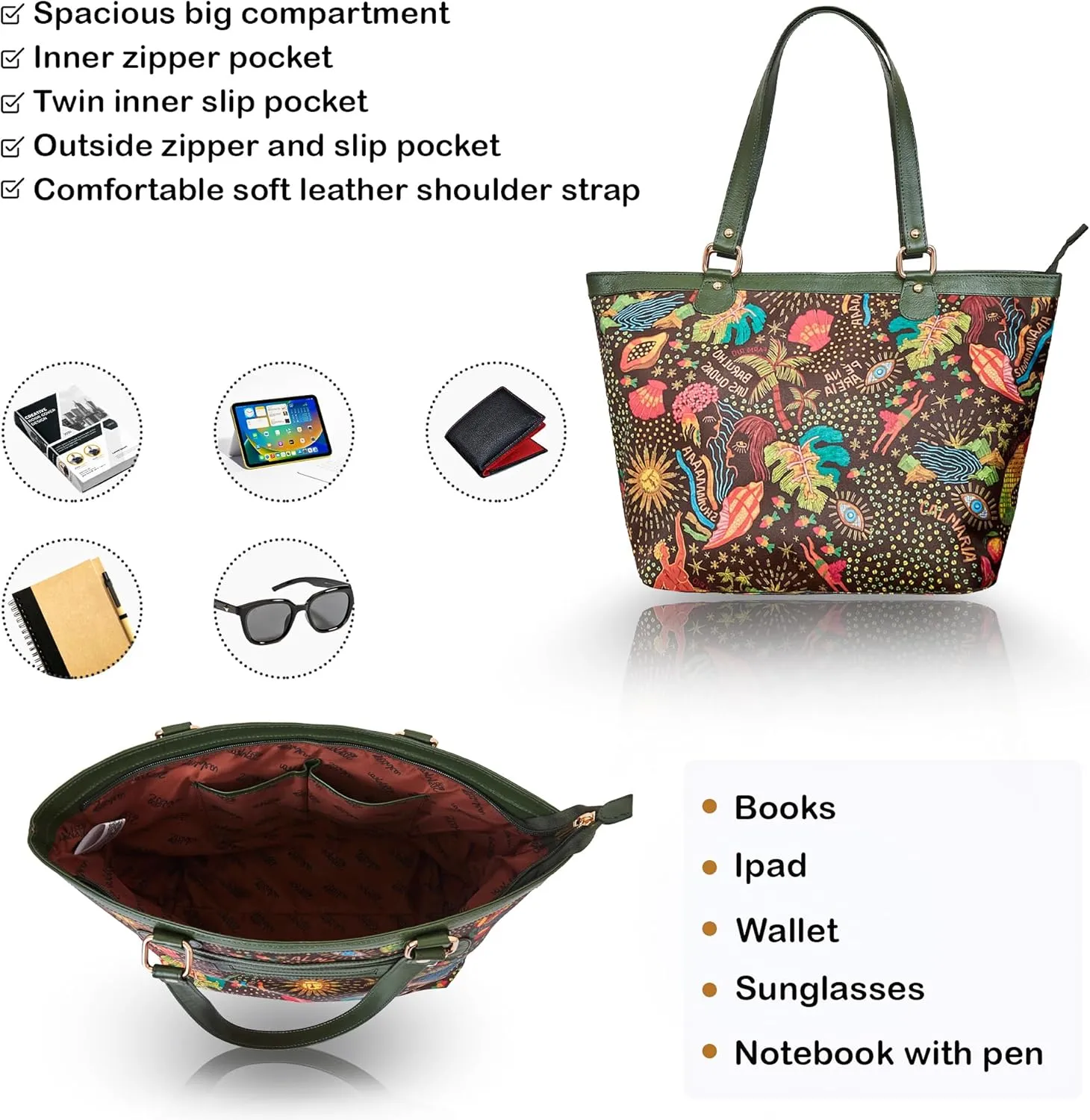 Leather Trim Printed Tote Bag for Women
