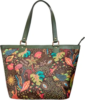 Leather Trim Printed Tote Bag for Women